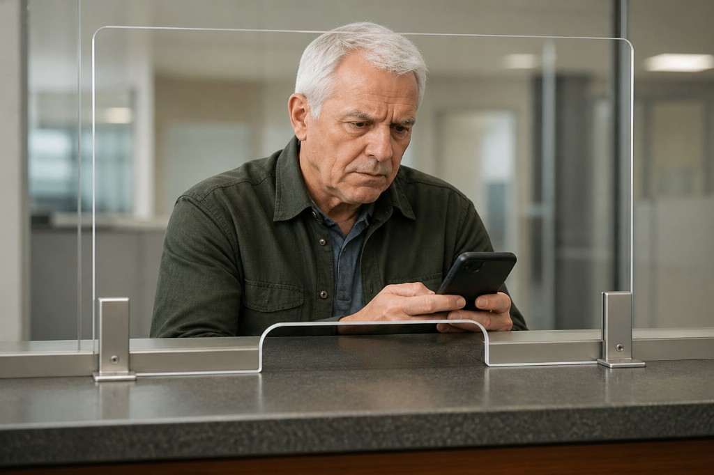 Older customer at a teller window looking at a phone